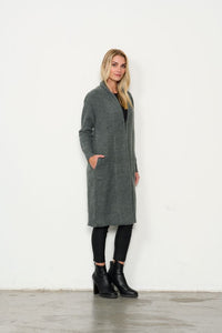 Grey Long Knit Cardigan with Clasp